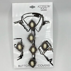 Vintage Accessory Place Button Covers Antique Gold Tone Faux Pearl Diamond Shape